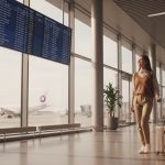 مسافر در حال بررسی تابلوی اطلاعات و مراحل سوار شدن به هواپیما