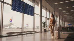 مسافر در حال بررسی تابلوی اطلاعات و مراحل سوار شدن به هواپیما