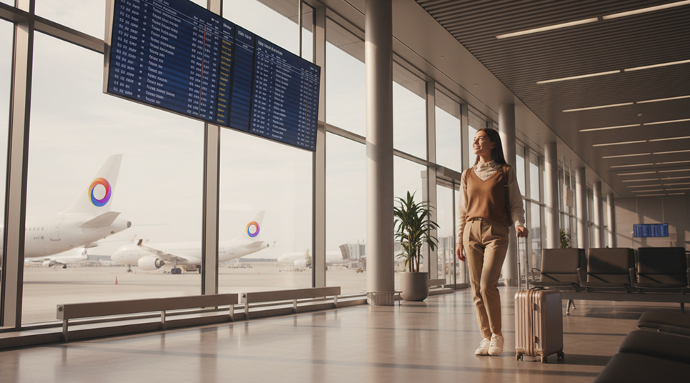 مسافر در حال بررسی تابلوی اطلاعات و مراحل سوار شدن به هواپیما