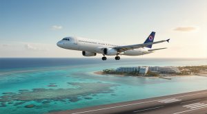 تصویری از هواپیمای سفید در حال پرواز روی ساحل و دریای آبی کیش