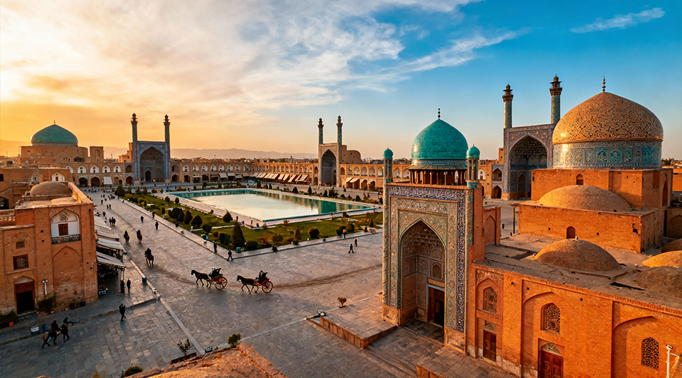 نمایی از بالای عالی قاپو میدان نقش جهان با حوض بزرگ وسط